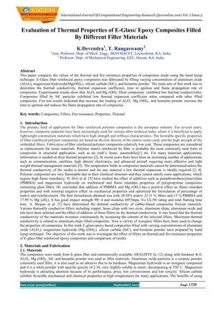 International Journal Of Computational Engineering Research (ijceronline.com) Vol. 2 Issue.5



Evaluation of Thermal Properties of E-Glass/ Epoxy Composites Filled
                   By Different Filler Materials
                                        K.Devendra1, T. Rangaswamy2
                     1
                         Asst. Professor, Dept. of Mech. Engg., SKSVMACET, Laxmeshwar, KA, India,
                            2
                              Professor, Dept. of Mechanical Engineering, GEC, Hassan, KA, India,


Abstract
This paper compares the values of the thermal and fire resistance properties of composites made using the hand layup
technique. E-Glass fiber reinforced epoxy composites was fabricated by filling varying concentration of aluminum oxide
(Al2O3), magnesium hydroxide(Mg(OH)2), silicon carbide (SiC), and hematite powder. The main aim of this work was to
determine the thermal conductivity, thermal expansion coefficient, time to ignition and flame propagation rate of
composites. Experimental results show that Al2O3 and Mg (OH)2 filled composites exhibited low thermal conductivities.
Composites filled by SiC particles exhibited low thermal expansion coefficient when compared with other filled
composites. Fire test results indicated that increase the loading of Al2O3, Mg (OH)2, and hematite powder increase the
time to ignition and reduces the flame propagation rate of composites.

Key words: Composites, Fillers, Fire resistance, Properties, Thermal

1. Introduction
The primary field of application for fiber reinforced polymer composites is the aerospace industry. For several years,
however, composite materials have been increasingly used for various other technical tasks, where it is beneficial to apply
lightweight construction materials which have high strength and stiffness characteristics. The favorable specific properties
of fiber reinforced polymer composites are based on the low density of the matrix resins used, and the high strength of the
embedded fibers. Fabrication of fiber reinforced polymer composites relatively low cost. These composites are considered
as replacements for metal materials. Polymer matrix reinforced by fiber is probably the most commonly used form of
composites in structural application, such as air craft’s, boats, automobiles[1] etc. For many materials applications,
information is needed on their thermal properties [2]. In recent years there have been an increasing number of applications
such as communication, satellites, high density electronics, and advanced aircraft requiring more effective and light
weight thermal management materials [3]. The temperature fields in composites materials cannot be determined unless the
thermal conductivity of the media is known and for any material a low thermal expansion is ideally required [2, 4].
Polymer composites are very flammable due to their chemical structure and they cannot satisfy some applications, which
require high flame retardency. H. Dvir et al. [5] have studied the effect of additives such as pentabromobenzyleacryllate
(PBBMA) and magnesium hydroxide on mechanical and flame retardant properties of polypropylene composites
containing glass fibers. He concluded that addition of PBBMA and Mg (OH2) has a positive effect on flame retardant
properties and with minimal negative effect on mechanical properties and optimized the formulation of percentage of
matrix and reinforcement. The best formulation obtained was with 38.50% matrix 22.31 % fibers and 15 % PBBMA and
17.99 % Mg (oH2). It has good impact strength 90+ -4 and modulus 6953mpa, Vo UL-94 rating and total flaming time
6sec. A. Shojaei et al. [7] have determined the thermal conductivity of rubber-based composites friction materials.
Various thermally conductive fillers including copper, brass chips with two sizes, aluminum chips, aluminum oxide and
talc have been selected and the effect of addition of these fillers on the thermal conductivity. It was found that the thermal
conductivity of the materials increases continuously by increasing the content of the selected fillers. Maximum thermal
conductivity is related to aluminum chips filled composites. Now a variety of inorganic fillers have been used to change
the properties of composites. In this work E-glass/epoxy based composites filled with varying concentrations of aluminum
oxide (Al2O3), magnesium hydroxide (Mg (OH)2), silicon carbide (SiC), and hematite powder were prepared by hand
layup technique. The objective of this work was to investigate the effect of fillers on thermal and fire resistance properties
of E-glass fiber reinforced epoxy composites and comparison of results.

2. Materials and Fabrication
2.1. Materials
The composites were made from E-glass fiber and commercially available ARALDITE (L-12) along with hardener K-6.
Al2O3, Mg (OH)2, SiC and hematite powder was used as filler materials. Aluminum oxide particles is a ceramic powder
commonly used filler, it is also used as an abrasive due to its hardness. Magnesium hydroxide is an inorganic compound
and it is a white powder with specific gravity of 2.36, very slightly soluble in water; decomposing at 350o C. Magnesium
hydroxide is attracting attention because of its performance, price, low corrosiveness and low toxicity. Silicon carbide
exhibits favorable mechanical and chemical properties at high temperatures for many applications. The benefits of using

Issn 2250-3005(online)                                          September| 2012                               Page 1708
 