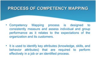PROCESS OF COMPETENCY MAPPINGPROCESS OF COMPETENCY MAPPING
• Competency Mapping process is designed to
consistently measure and assess individual and group
performance as it relates to the expectations of the
organization and its customers.
• It is used to identify key attributes (knowledge, skills, and
behavior attributes) that are required to perform
effectively in a job or an identified process.
 