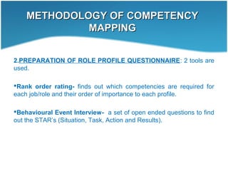 METHODOLOGY OF COMPETENCYMETHODOLOGY OF COMPETENCY
MAPPINGMAPPING
2.PREPARATION OF ROLE PROFILE QUESTIONNAIRE: 2 tools are
used.
Rank order rating- finds out which competencies are required for
each job/role and their order of importance to each profile.
Behavioural Event Interview- a set of open ended questions to find
out the STAR’s (Situation, Task, Action and Results).
 