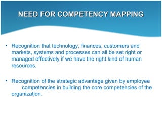 NEED FOR COMPETENCY MAPPINGNEED FOR COMPETENCY MAPPING
• Recognition that technology, finances, customers and
markets, systems and processes can all be set right or
managed effectively if we have the right kind of human
resources.
• Recognition of the strategic advantage given by employee
competencies in building the core competencies of the
organization.
 