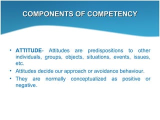 COMPONENTS OF COMPETENCYCOMPONENTS OF COMPETENCY
• ATTITUDE- Attitudes are predispositions to other
individuals, groups, objects, situations, events, issues,
etc.
• Attitudes decide our approach or avoidance behaviour.
• They are normally conceptualized as positive or
negative.
 