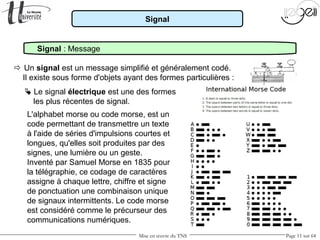 Mise en œuvre du TNS Page 11 sur 64
Signal
Signal : Message
 Un signal est un message simplifié et généralement codé.
Il existe sous forme d'objets ayant des formes particulières :
 Le signal électrique est une des formes
les plus récentes de signal.
L'alphabet morse ou code morse, est un
code permettant de transmettre un texte
à l'aide de séries d'impulsions courtes et
longues, qu'elles soit produites par des
signes, une lumière ou un geste.
Inventé par Samuel Morse en 1835 pour
la télégraphie, ce codage de caractères
assigne à chaque lettre, chiffre et signe
de ponctuation une combinaison unique
de signaux intermittents. Le code morse
est considéré comme le précurseur des
communications numériques.
 