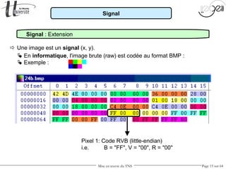 Mise en œuvre du TNS Page 15 sur 64
Signal
Signal : Extension
 Une image est un signal (x, y).
 En informatique, l'image brute (raw) est codée au format BMP :
 Exemple :
Pixel 1: Code RVB (little-endian)
i.e. B = "FF", V = "00", R = "00"
 