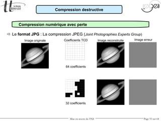Mise en œuvre du TNS Page 55 sur 64
Compression numérique avec perte
Image originale Image reconstruite Image erreurCoefficients TCD
64 coefficients
Compression destructive
32 coefficients
 Le format JPG : La compression JPEG (Joint Photographies Experts Group)
 