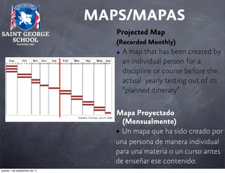 MAPS/MAPAS
Projected Map
(Recorded Monthly)

• A map that has been created by
an individual person for a
discipline or course before the
actual yearly testing out of its
“planned itinerary”
Mapa Proyectado
(Mensualmente)
• Un mapa que ha sido creado por
una persona de manera individual
para una materia o un curso antes
de enseñar ese contenido.
jueves 1 de septiembre de 11

 