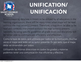 UNIFICATION/
UNIFICACIÓN
Since a mapping database is meant to be utilized by all educators in the
learning organization, there will be many times when maps will be read
without the map writer(s) present. Therefore, a map must be able to be
read and correctly interpreted without the map writer(s) present.
Secondly, by using speciﬁc guidelines all grade levels and disciplines will
be better able to communicate efﬁciently and effectively.
Como la base de datos será utilizada por todos en la institución, muchas
veces el mapa será leído sin su autor presente. Es por esto, que el mapa
debe ser entendido por todos.
Utilizando las mismas directrices en todos los grados y materias
podemos tener una comunicación mas eﬁciente y efectiva.

jueves 1 de septiembre de 11

 