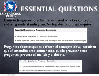 ESSENTIAL QUESTIONS
•

•

Over-arching questions that focus based on a key concept,
enduring understanding, and/or big idea to prompt inquiry.

Preguntas abiertas que se enfocan el concepto clave, permiten
que el entendimiento permanezca, puede provocar otras
preguntas, provoca el análisis y el debate.

jueves 1 de septiembre de 11

 