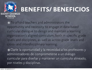 BENEFITS/ BENEFICIOS
To afford teachers and administrators the
opportunity and necessity to engage in data-based
curricular dialogue to design and maintain a learning
organization’s aligned curriculum, both in speciﬁc grade
levels and disciplines, as well as across grade levels and
cross- and interdisciplinary learning.
Darle la oportunidad y la necesidad a los profesores y
administradores de comprometerse a un diálogo
curricular para diseñar y mantener un curriculo alineado,
por niveles y disciplinas.
jueves 1 de septiembre de 11

 