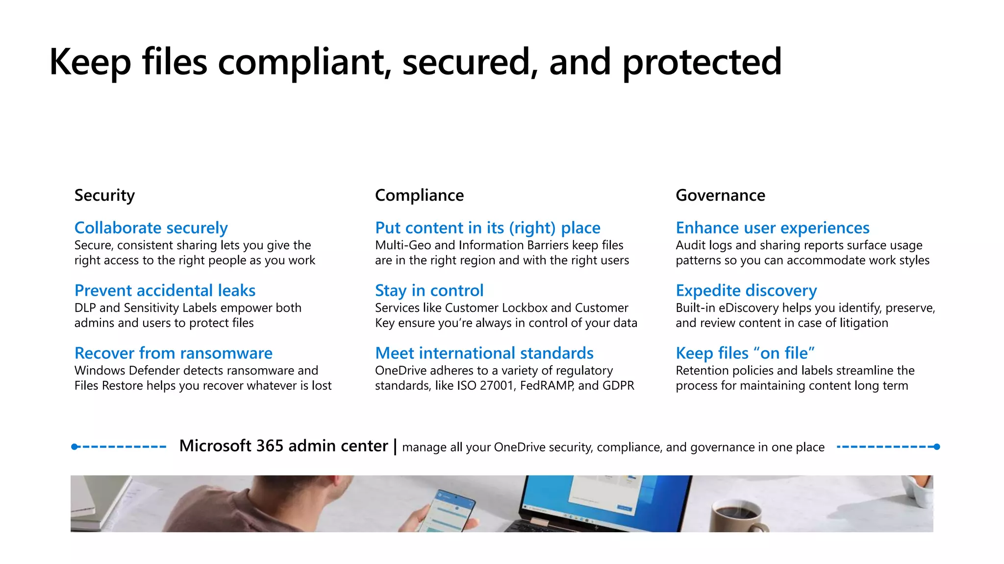 Keep files compliant, secured, and protected
Security Compliance Governance
Put content in its (right) place
Multi-Geo and Information Barriers keep files
are in the right region and with the right users
Stay in control
Services like Customer Lockbox and Customer
Key ensure you’re always in control of your data
Meet international standards
OneDrive adheres to a variety of regulatory
standards, like ISO 27001, FedRAMP, and GDPR
Enhance user experiences
Audit logs and sharing reports surface usage
patterns so you can accommodate work styles
Expedite discovery
Built-in eDiscovery helps you identify, preserve,
and review content in case of litigation
Keep files “on file”
Retention policies and labels streamline the
process for maintaining content long term
Collaborate securely
Secure, consistent sharing lets you give the
right access to the right people as you work
Prevent accidental leaks
DLP and Sensitivity Labels empower both
admins and users to protect files
Recover from ransomware
Windows Defender detects ransomware and
Files Restore helps you recover whatever is lost
Microsoft 365 admin center | manage all your OneDrive security, compliance, and governance in one place
 
