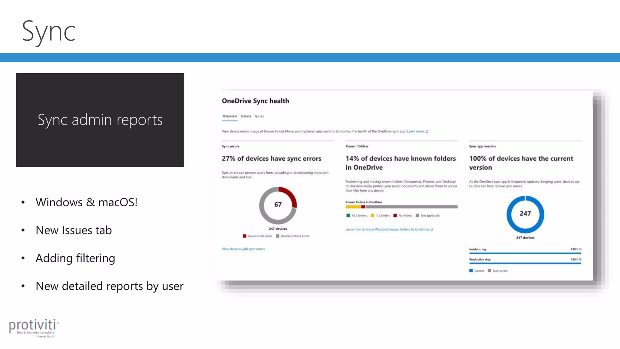 Sync
Sync admin reports
• Windows & macOS!
• New Issues tab
• Adding filtering
• New detailed reports by user
 