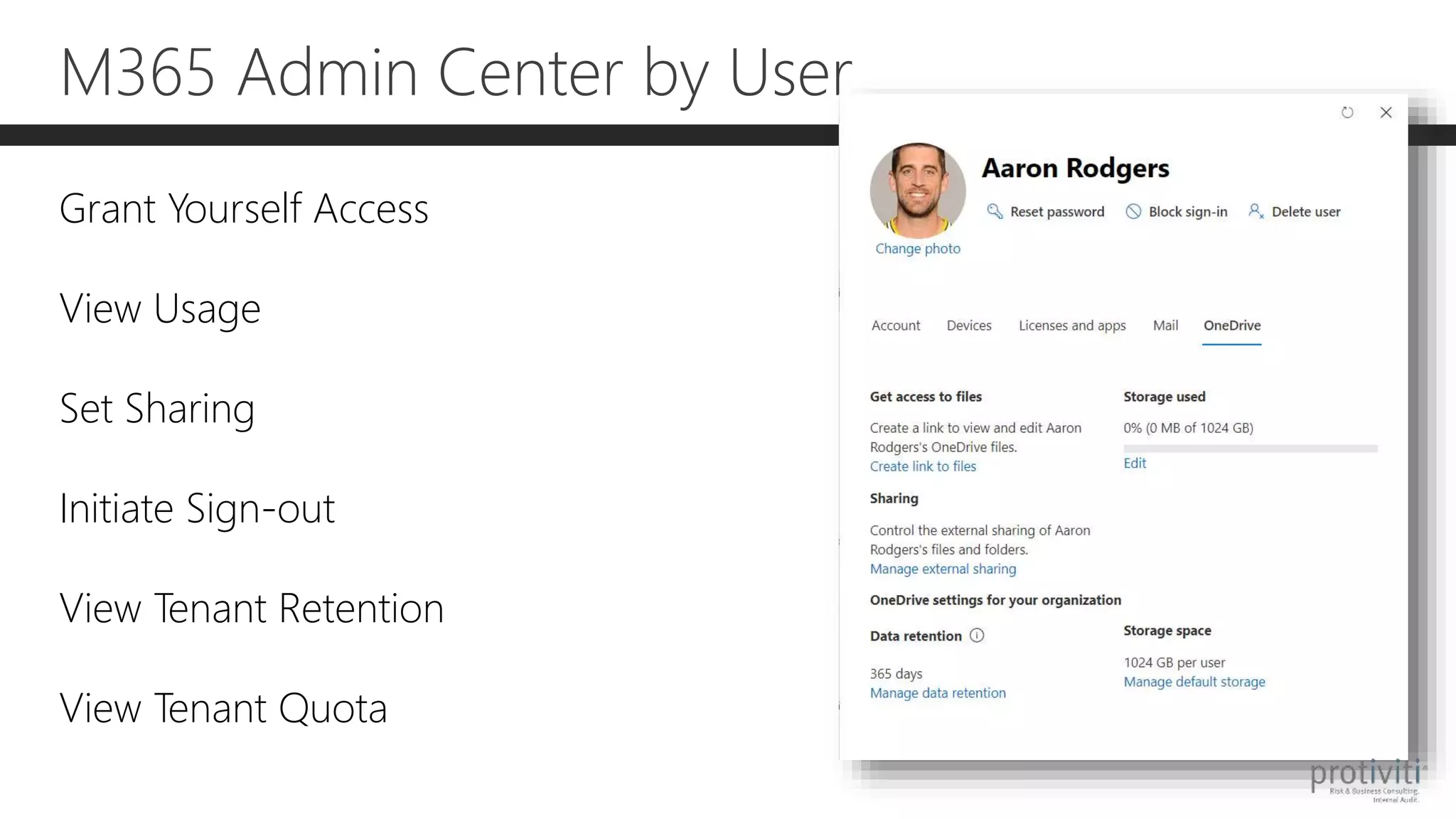 M365 Admin Center by User
Grant Yourself Access
View Usage
Set Sharing
Initiate Sign-out
View Tenant Retention
View Tenant Quota
 