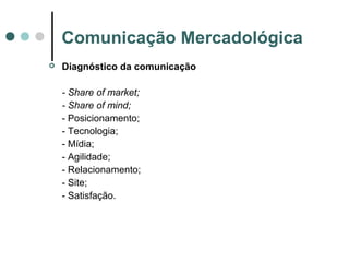 Comunicação Mercadológica
 Diagnóstico da comunicação
- Share of market;
- Share of mind;
- Posicionamento;
- Tecnologia;
- Mídia;
- Agilidade;
- Relacionamento;
- Site;
- Satisfação.
 