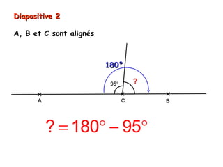 Diapositive 2

A, B et C sont alignés



                         180°




        ? = 180° − 95° = 85°
 