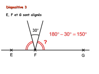 Diapositive 3

E, F et G sont alignés




                         180° − 30° = 150°
                         = 150° ÷ 2 = 75°
 