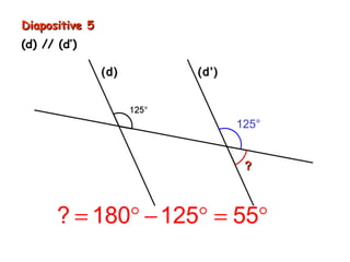 Diapositive 5
(d) // (d’)

                (d)   (d’)



                             125°


                              ?



       ? = 180° − 125° = 55°
 