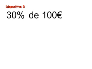 Diapositive 3

30% de 100€
= (100€ ÷ 100) × 30
= 1€ × 30
= 30€

 