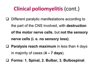 Clinical poliomyelitis (cont.)
 Different paralytic manifestations according to
the part of the CNS involved, with destruction
of the motor nerve cells, but not the sensory
nerve cells (i. e. no sensory loss).
 Paralysis reach maximum in less than 4 days
in majority of cases (4 – 7 days).
 Forms: 1. Spinal, 2. Bulbar, 3. Bulbospinal.
 