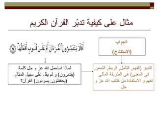 ‫كلمة‬ ‫جل‬ ‫و‬ ‫عز‬ ‫وال‬ ‫واستعمل‬ ‫لماذوا‬
‫والمثال‬ ‫سبيل‬ ‫على‬ ‫يقل‬ ‫لم‬ ‫و‬ (‫)يتدبرون‬
‫والقرآن؟‬ (‫يسردون‬ ,‫)يحفظون‬
‫والتمعن‬ ,‫والربط‬ ,‫والتأمل‬ ,‫)والفهم‬ ‫والتدبر‬
‫والمثلى‬ ‫والطريقة‬ ‫هي‬ (‫والمعنى‬ ‫في‬
‫و‬ ‫عز‬ ‫وال‬ ‫كتاب‬ ‫من‬ ‫والستفادة‬ ‫و‬ ‫لفهم‬
‫جل‬
‫الجواب‬
(‫)الستنتاج‬
‫والكريم‬ ‫والقرآن‬ ‫بر‬ّ‫ا‬‫تد‬ ‫كيفية‬ ‫على‬ ‫مثال‬
 