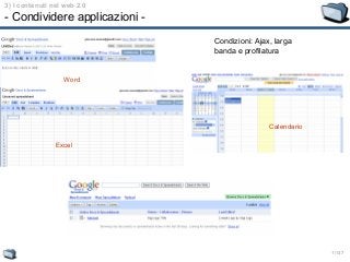 1/137
3) I contenuti nel web 2.0
- Condividere applicazioni -
Excel
Word
Calendario
Condizioni: Ajax, larga
banda e profilatura
 