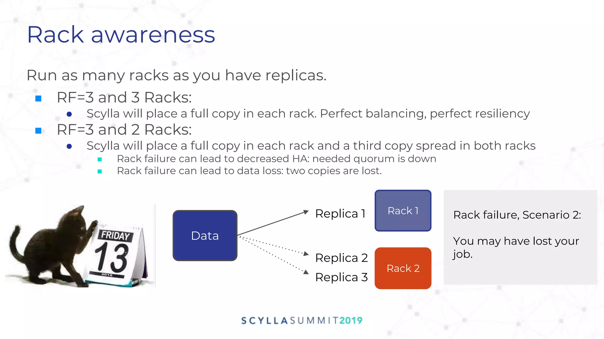 Rack awareness
Run as many racks as you have replicas.
■ RF=3 and 3 Racks:
● Scylla will place a full copy in each rack. Perfect balancing, perfect resiliency
■ RF=3 and 2 Racks:
● Scylla will place a full copy in each rack and a third copy spread in both racks
■ Rack failure can lead to decreased HA: needed quorum is down
■ Rack failure can lead to data loss: two copies are lost.
Rack 1
Rack 2
Replica 1
Replica 2
Replica 3
Data
Rack failure, Scenario 2:
You may have lost your
job.
 