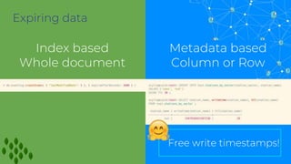 Expiring data
Index based
Whole document
Metadata based
Column or Row
Free write timestamps!
 