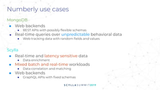 Numberly use cases
MongoDB
■ Web backends
● REST APIs with possibly flexible schemas
■ Real-time queries over unpredictable behavioral data
● Web tracking data with random fields and values
Scylla
■ Real-time and latency sensitive data
● Data enrichment
■ Mixed batch and real-time workloads
● Data correlation and matching
■ Web backends
● GraphQL APIs with fixed schemas
 