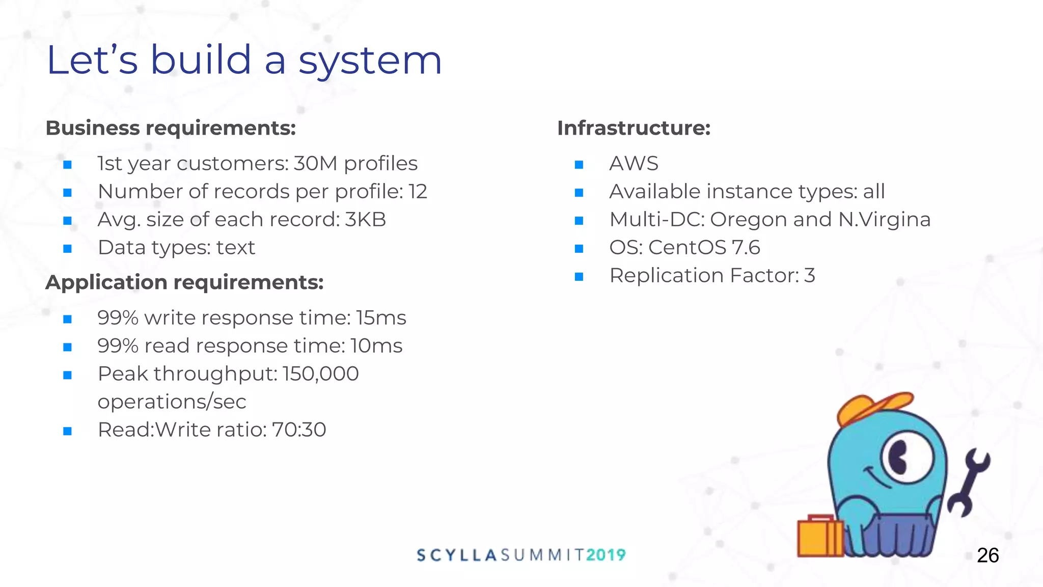 Let’s build a system
Business requirements:
■ 1st year customers: 30M profiles
■ Number of records per profile: 12
■ Avg. size of each record: 3KB
■ Data types: text
Application requirements:
■ 99% write response time: 15ms
■ 99% read response time: 10ms
■ Peak throughput: 150,000
operations/sec
■ Read:Write ratio: 70:30
Infrastructure:
■ AWS
■ Available instance types: all
■ Multi-DC: Oregon and N.Virgina
■ OS: CentOS 7.6
■ Replication Factor: 3
26
 