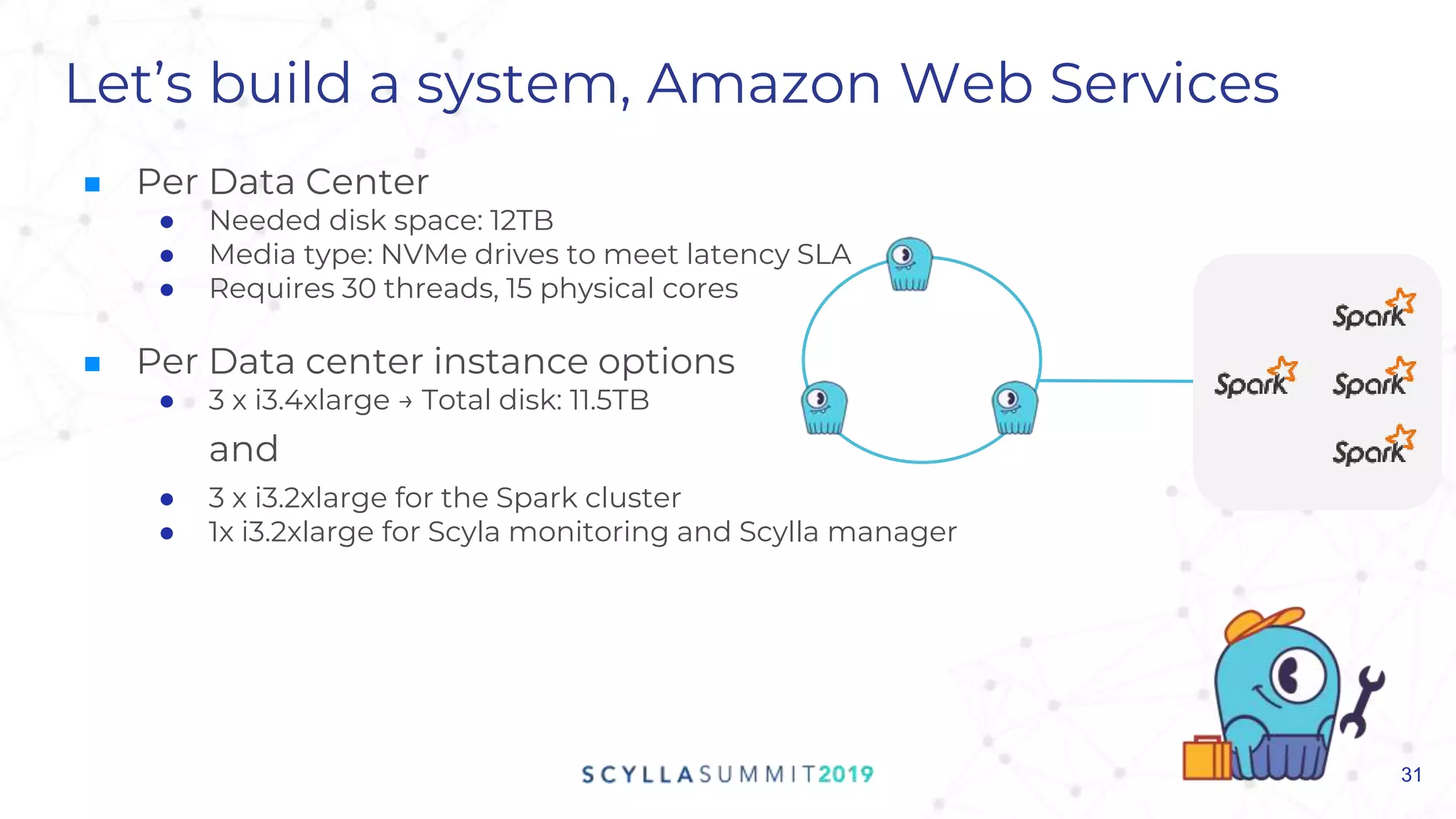 Let’s build a system, Amazon Web Services
■ Per Data Center
● Needed disk space: 12TB
● Media type: NVMe drives to meet latency SLA
● Requires 30 threads, 15 physical cores
■ Per Data center instance options
● 3 x i3.4xlarge → Total disk: 11.5TB
and
● 3 x i3.2xlarge for the Spark cluster
● 1x i3.2xlarge for Scyla monitoring and Scylla manager
31
 