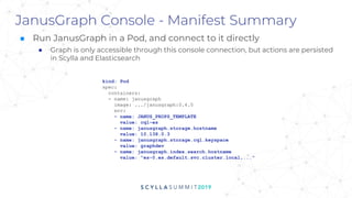 JanusGraph Console - Manifest Summary
■ Run JanusGraph in a Pod, and connect to it directly
● Graph is only accessible through this console connection, but actions are persisted
in Scylla and Elasticsearch
kind: Pod
spec:
containers:
- name: janusgraph
image: .../janusgraph:0.4.0
env:
- name: JANUS_PROPS_TEMPLATE
value: cql-es
- name: janusgraph.storage.hostname
value: 10.138.0.3
- name: janusgraph.storage.cql.keyspace
value: graphdev
- name: janusgraph.index.search.hostname
value: "es-0.es.default.svc.cluster.local,..."
 