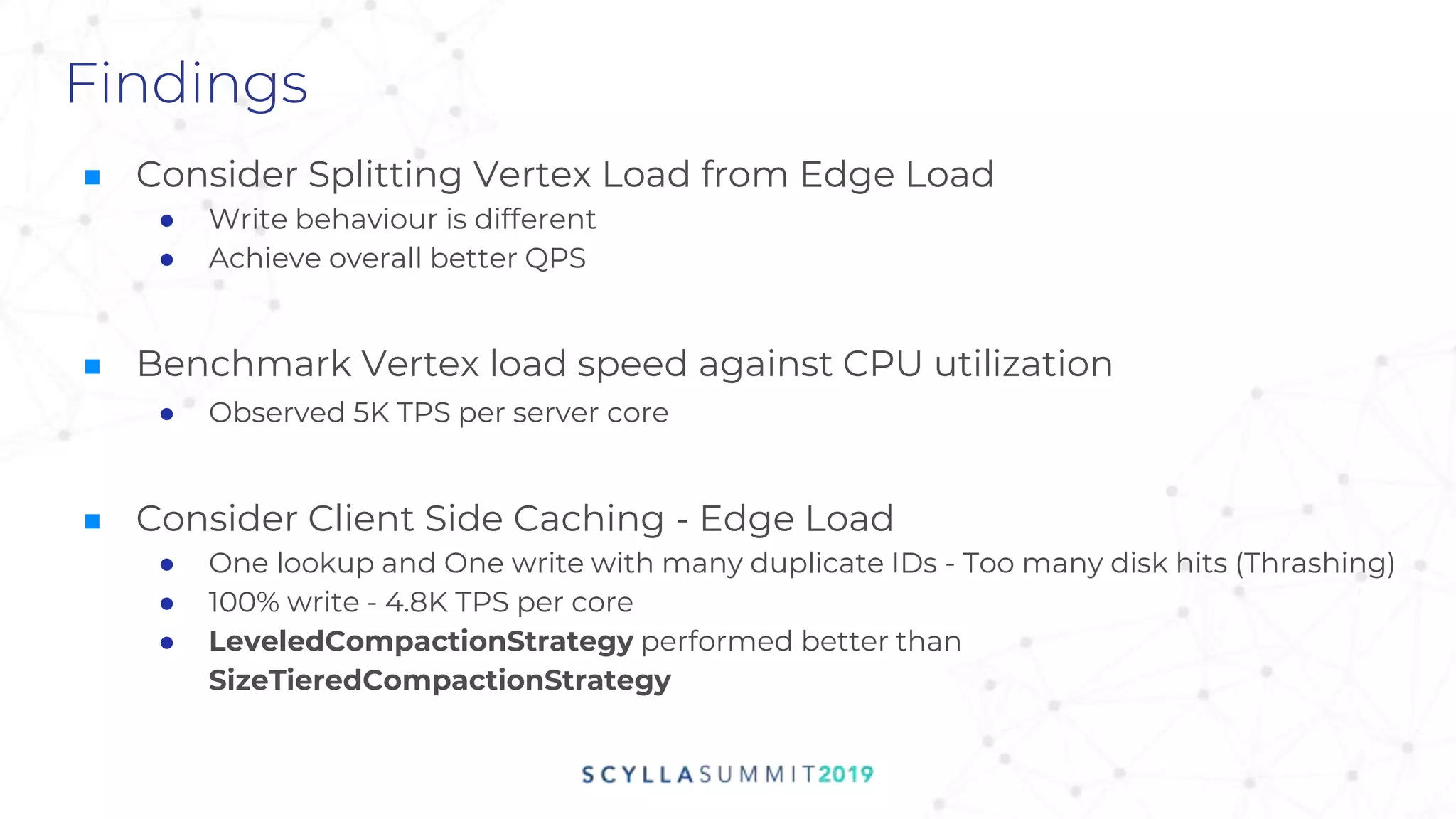 Findings
■ Consider Splitting Vertex Load from Edge Load
● Write behaviour is different
● Achieve overall better QPS
■ Benchmark Vertex load speed against CPU utilization
● Observed 5K TPS per server core
■ Consider Client Side Caching - Edge Load
● One lookup and One write with many duplicate IDs - Too many disk hits (Thrashing)
● 100% write - 4.8K TPS per core
● LeveledCompactionStrategy performed better than
SizeTieredCompactionStrategy
 