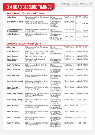 3.4 Road closure timings

OCBC Cycle Malaysia 2014 | Page 17

SATURDAY, 18 JANUARY 2014
Jalan Raja

Between Jln Tun Perak and
Jln Kinabalu

Leboh Pasar Besar Between Jln Raja and
Jln Mahkamah Persekutuan

Both
Full Closure
Carriageways

07:00 - 18:00

Carriageway
towards
Leboh
Ampang

07:00 - 18:00

2 Left Lanes

Jalan Mahkamah
Persekutuan

Between Leboh Pasar Besar Both
Full Closure
and Jln Raja
Carriageways

Jalan Parlimen

Between Jln Raja Laut and
Jln Raja

07:00 - 18:00

Carriageways
towards
1 Left Lane
Bulatan
Hishamuddin

10:00 - 18:00

SUNDAY, 19 JANUARY 2014
Jalan Raja

Between Jln Tun Perak and
Jln Kinabalu

Full Closure
Both
Carriageways

03:00 - 11:00

Jalan Parlimen

Between Jln Cenderawasih
& Jln Sultan Salahuddin

Full Closure
Both
Carriageways

04:00 - 11:00

Jalan Berjasa

Exit into Padang Merbok

Jalan Sultan
Salahuddin

Between Jln Parlimen &
Jln Dato Onn

Jalan Tun Ismail

Between Jln Dato Onn &
Jln Putra

Jalan Tun Ismail

Between Jln Putra & Jln
Kuching

Jalan Kuching

Between Jln Kuching & Jln
Sultan Ismail

Jalan Sultan Ismail

Full Closure

04:00 - 11:00

Carriageways Full Closure
towards Jln
Tun Ismail
Full Closure
Both
Carriageways

04:00 - 11:00

Carriageway
towards Jln
Kinabalu
Carriageway
towards Jln
Kinabalu

1 Left Lane

04:00 - 11:00

2 Left Lanes

04:00 - 11:00

Between Jln Kuching & Jln
Tuanku Abdul Rahman

Carriageway
towards Jln
Ampang

2 Right Lanes 04:00 - 11:00

Jalan Tuanku
Abdul Rahman

Between Jln Sultan Ismail &
Jln Dang Wangi

Carriageway
towards Jln
Dang Wangi

2 Right Lanes 04:00 - 11:00

Jalan Dang Wangi

Between Jln Tuanku Abdul
Rahman & Jln Munshi
Adbullah

Carriageway
towards Jln
Ampang

2 Left Lanes

04:00 - 11:00

Jalan Dang Wangi

Between Jln Munshi & Jln
Ampang

2 Left Lanes

04:00 - 11:00

Jalan Ampang

Between Jln Dang Wangi &
Jln Sultan Ismail

Jalan Ampang

Between Jln Sultan Ismail &
Jln P. Ramlee

Jalan P. Ramlee

Between Jln Ampang &
Jln Pinang

Jalan P. Ramlee

Between Jln Sultan Ismail &
Jln Raja Chulan

Carriageway
towards Jln
Ampang
Carriageway
towards Jln
Sultan Ismail
Carriageway
towards Jln
Sultan Ismail
Carriageway
towards Jln
Ampang
Carriageway
towards Jln
Raja Chulan

04:00 - 11:00

2 Right Lanes 04:00 - 11:00
2 Right Lanes 04:00 - 11:00
Full Closure

04:00 - 11:00

2 Left Lanes

04:00 - 11:00

 