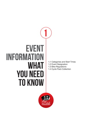 1
EVENT
INFORMATION
WHAT
YOU NEED
TO KNOW

1.1 Categories and Start Times
1.2 Event Designation
1.3 Bike Regulations
1.4 Cycle Pack Collection

 