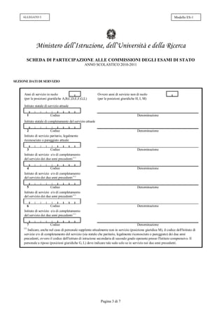 ALLEGATO 3                                                                                                        Modello ES-1




               Ministero dell’Istruzione, dell’Università e della Ricerca
       SCHEDA DI PARTECIPAZIONE ALLE COMMISSIONI DEGLI ESAMI DI STATO
                                                  ANNO SCOLASTICO 2010-2011



SEZIONE DATI DI SERVIZIO


     Anni di servizio in ruolo                                Ovvero anni di servizio non di ruolo
     (per le posizioni giuridiche A,B,C,D,E,F,G,L)            (per le posizioni giuridiche H, I, M)

     Istituto statale di servizio attuale

           1              Codice                                                           Denominazione
     Istituto statale di completamento del servizio attuale

       2                  Codice                                                           Denominazione
     Istituto di servizio paritario, legalmente
     riconosciuto o pareggiato attuale

       3                  Codice                                                           Denominazione
     Istituto di servizio e/o di completamento
     del servizio dei due anni precedenti (1)

           4              Codice                                                           Denominazione
     Istituto di servizio e/o di completamento
     del servizio dei due anni precedenti (1)

           5              Codice                                                           Denominazione
     Istituto di servizio e/o di completamento
     del servizio dei due anni precedenti (1)

       6                  Codice                                                           Denominazione
     Istituto di servizio e/o di completamento
                                          (1)
     del servizio dei due anni precedenti

           7              Codice                                                           Denominazione
     (1)
        Indicare, anche nel caso di personale supplente attualmente non in servizio (posizione giuridica M), il codice dell'Istituto di
     servizio e/o di completamento del servizio (sia statale che paritario, legalmente riconosciuto o pareggiato) dei due anni
     precedenti, ovvero il codice dell'istituto di istruzione secondaria di secondo grado operante presso l'Istituto comprensivo. Il
     personale a riposo (posizioni giuridiche G, L) deve indicare tale sede solo se in servizio nei due anni precedenti.




                                                                Pagina 3 di 7
 