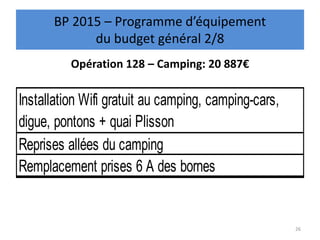 Opération 128 – Camping: 20 887€
26
BP 2015 – Programme d’équipement
du budget général 2/8
Installation Wifi gratuit au camping, camping-cars,
digue, pontons + quai Plisson
Reprises allées du camping
Remplacement prises 6 A des bornes
 