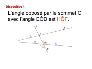 Diapositive 1Diapositive 1
L’angle opposé par le sommet O
avec l’angle EÔD est HÔF.