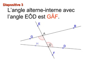 Diapositive 3Diapositive 3
L’angle alterne-interne avec
l’angle EÔD est GÂF.