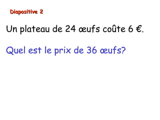 Diapositive 2


Un plateau de 24 œufs coûte 6 €.

Quel est le prix de 36 œufs?
 