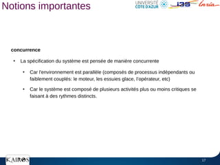 17
Notions importantes
concurrence
●
La spécification du système est pensée de manière concurrente
●
Car l'environnement est parallèle (composés de processus indépendants ou
faiblement couplés: le moteur, les essuies glace, l’opérateur, etc)
●
Car le système est composé de plusieurs activités plus ou moins critiques se
faisant à des rythmes distincts.
 