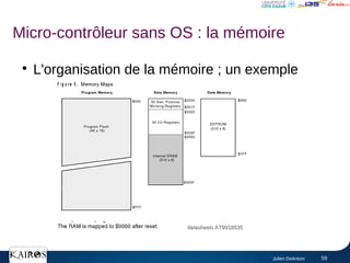 Julien DeAntoni 59
●
L'organisation de la mémoire ; un exemple
datasheets AT90S8535
datasheets AT90S8535
Micro-contrôleur sans OS : la mémoire
 