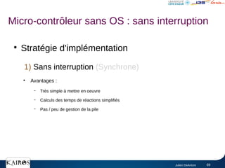 Julien DeAntoni 69
●
Stratégie d'implémentation
1) Sans interruption (Synchrone)
●
Avantages :
– Très simple à mettre en oeuvre
– Calculs des temps de réactions simplifiés
– Pas / peu de gestion de la pile
Micro-contrôleur sans OS : sans interruption
 
