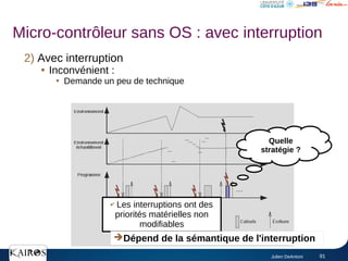 Julien DeAntoni 91
2) Avec interruption

Inconvénient :

Demande un peu de technique
Quelle
stratégie ?
✔ Les interruptions ont des
priorités matérielles non
modifiables
➔Dépend de la sémantique de l'interruption
Micro-contrôleur sans OS : avec interruption
 