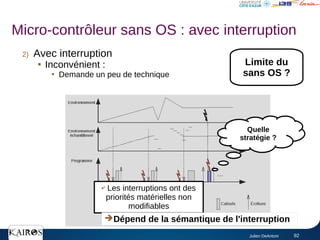 Julien DeAntoni 92
2) Avec interruption

Inconvénient :

Demande un peu de technique
Quelle
stratégie ?
✔ Les interruptions ont des
priorités matérielles non
modifiables
Limite du
sans OS ?
➔Dépend de la sémantique de l'interruption
Micro-contrôleur sans OS : avec interruption
 