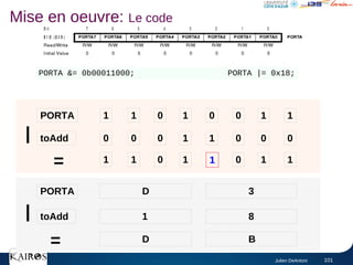 Julien DeAntoni 101
1 1 0 1 0 0 1 1
PORTA
D
PORTA 3
Mise en oeuvre: Le code
0 0 0 1 1 0 0 0
toAdd
|
1 1 0 1 1 0 1 1
=
toAdd
|
=
1 8
D B
PORTA &= 0b00011000; PORTA |= 0x18;
 