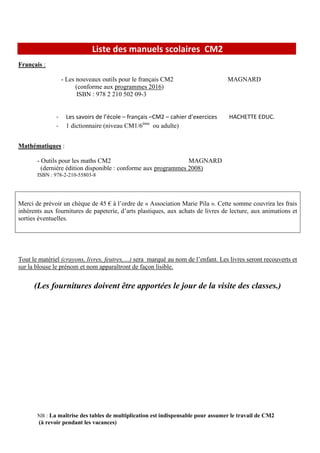 Liste des manuels scolaires CM2
Français :
- Les nouveaux outils pour le français CM2 MAGNARD
(conforme aux programmes 2016)
ISBN : 978 2 210 502 09-3
- Les savoirs de l’école – français –CM2 – cahier d’exercices HACHETTE EDUC.
- 1 dictionnaire (niveau CM1/6ème
ou adulte)
Mathématiques :
- Outils pour les maths CM2 MAGNARD
(dernière édition disponible : conforme aux programmes 2008)
ISBN : 978-2-210-55803-8
Merci de prévoir un chèque de 45 € à l’ordre de « Association Marie Pila ». Cette somme couvrira les frais
inhérents aux fournitures de papeterie, d’arts plastiques, aux achats de livres de lecture, aux animations et
sorties éventuelles.
Tout le matériel (crayons, livres, feutres,…) sera marqué au nom de l’enfant. Les livres seront recouverts et
sur la blouse le prénom et nom apparaîtront de façon lisible.
(Les fournitures doivent être apportées le jour de la visite des classes.)
NB : La maîtrise des tables de multiplication est indispensable pour assumer le travail de CM2
(à revoir pendant les vacances)
 