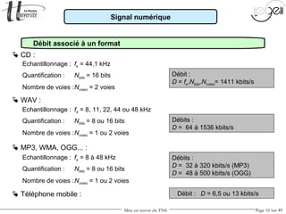 Mise en œuvre du TNS Page 16 sur 49
Signal numérique
 CD :
 WAV :
Echantillonnage : fe = 44,1 kHz
Quantification : Nbits = 16 bits
Nombre de voies :Nvoies = 2 voies
Débit :
D = fe.Nbits.Nvoies= 1411 kbits/s
Echantillonnage : fe = 8, 11, 22, 44 ou 48 kHz
Quantification : Nbits = 8 ou 16 bits
Nombre de voies :Nvoies = 1 ou 2 voies
Débits :
D = 64 à 1536 kbits/s
 MP3, WMA, OGG... :
Echantillonnage : fe = 8 à 48 kHz
Quantification : Nbits = 8 ou 16 bits
Nombre de voies :Nvoies = 1 ou 2 voies
Débits :
D = 32 à 320 kbits/s (MP3)
D = 48 à 500 kbits/s (OGG)
 Téléphone mobile : Débit : D = 6,5 ou 13 kbits/s
Débit associé à un format
 