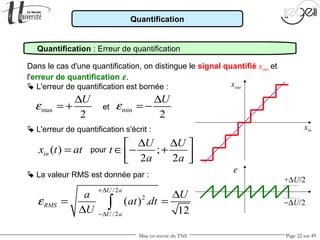 Mise en œuvre du TNS Page 22 sur 49
Dans le cas d'une quantification, on distingue le signal quantifié xout et
l'erreur de quantification ε.
 L'erreur de quantification est bornée :
 L'erreur de quantification s'écrit :
max
2
U
ε
∆
= +
xin
+∆U/2
−∆U/2
( )inx t at=
min
2
U
ε
∆
= −et
pour ;
2 2
U U
t
a a
∆ ∆ 
∈ − +  
 La valeur RMS est donnée par :
/2
2
/2
( ) .
12
U a
RMS
U a
a U
at dt
U
ε
+∆
−∆
∆
= =
∆ ∫
ε
xout
Quantification : Erreur de quantification
Quantification
 