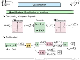 Mise en œuvre du TNS Page 31 sur 49
Quantification
 Companding (Compress Expand) :
Quantification : Discrétisation en amplitude
COmpresser DECompresser
b = 8 bit
 SNR
Quantifier
)( enTx ][xQy = )( eb nTy )( eDEC nTx
piano_c3 Α 8 bit Α-1
8 bit
bitB 16=
)( enTx
)( enTy )(8 enTy
)( erec nTx
1/8
)(8 enTx
bitB 8=
bitB 8=
 Amélioration :
 