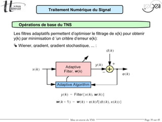 Mise en œuvre du TNS Page 39 sur 49
Traitement Numérique du Signal
Opérations de base du TNS
Les filtres adaptatifs permettent d’optimiser le filtrage de x(k) pour obtenir
y(k) par minimisation d ’un critère d’erreur e(k):
 Wiener, gradient, gradient stochastique, ... :
 