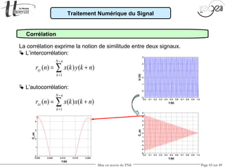 Mise en œuvre du TNS Page 43 sur 49
Traitement Numérique du Signal
Corrélation
La corrélation exprime la notion de similitude entre deux signaux.
 L’intercorrélation:
1
( ) ( ) ( )
N n
xy
k
r n x k y k n
−
=
= +∑
 L’autocorrélation:
1
( ) ( ) ( )
N n
xx
k
r n x k x k n
−
=
= +∑
 