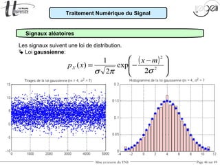 Mise en œuvre du TNS Page 46 sur 49
Traitement Numérique du Signal
Signaux aléatoires
Les signaux suivent une loi de distribution.
 Loi gaussienne:
( )







 −
−= 2
2
2
exp
2
1
)(
σπσ
mx
xpX
 